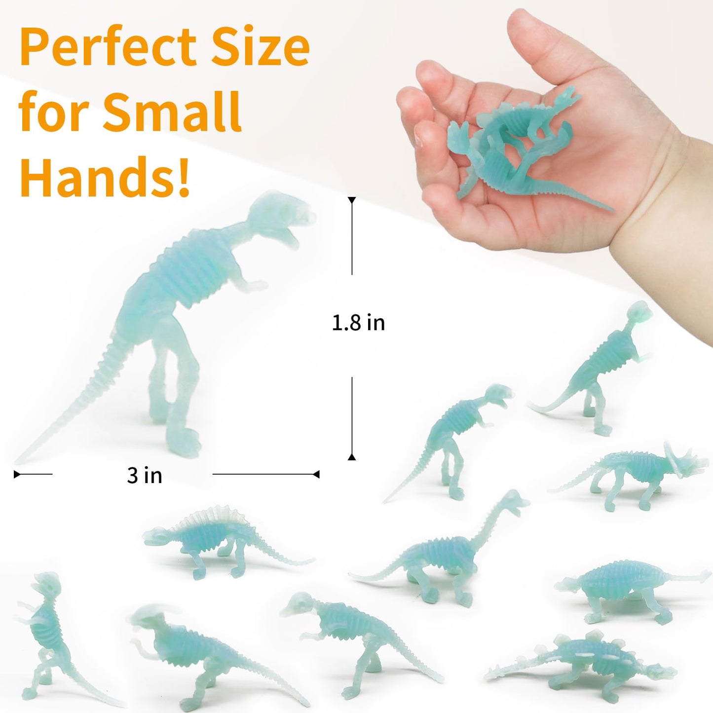 Haptime 12 Pcs Dinosaur Fossil Skeletons Figures - Mini Figurines Glow-In-The-Dark Toys For Toddler Kids - Dino Bones Cake Topper Party Favors, Ideal Gift For 3 4 5 6 Boys Girls