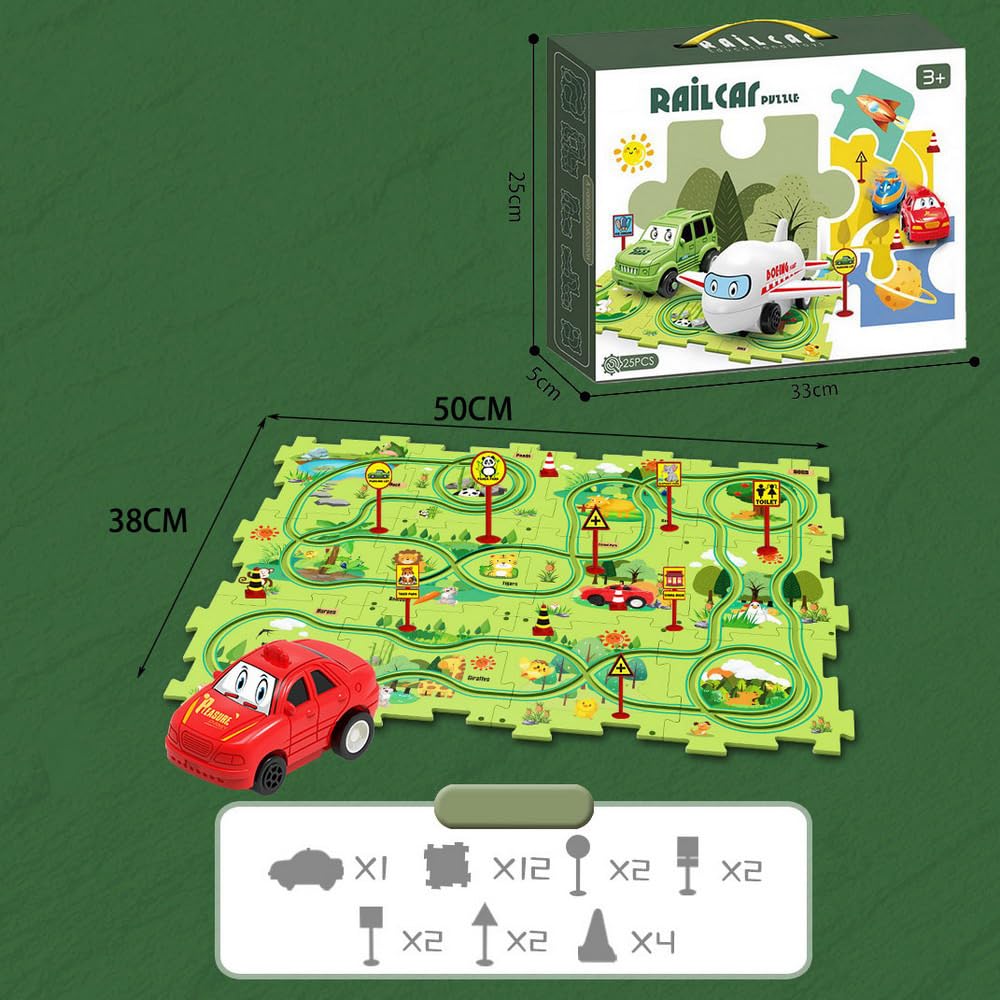PowerTRC Puzzle Track Car Playset, 25 Pcs Puzzle Racer Kids Car Track Set, Toys for Boys 3-5, Floor Puzzle Adventure Track Set,