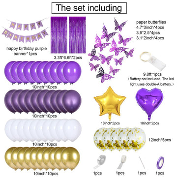 MSMANCY Purple Birthday Decorations Set - 65pcs with Banner, Balloons, LED Lights & More for Women's Birthday Party Supplies