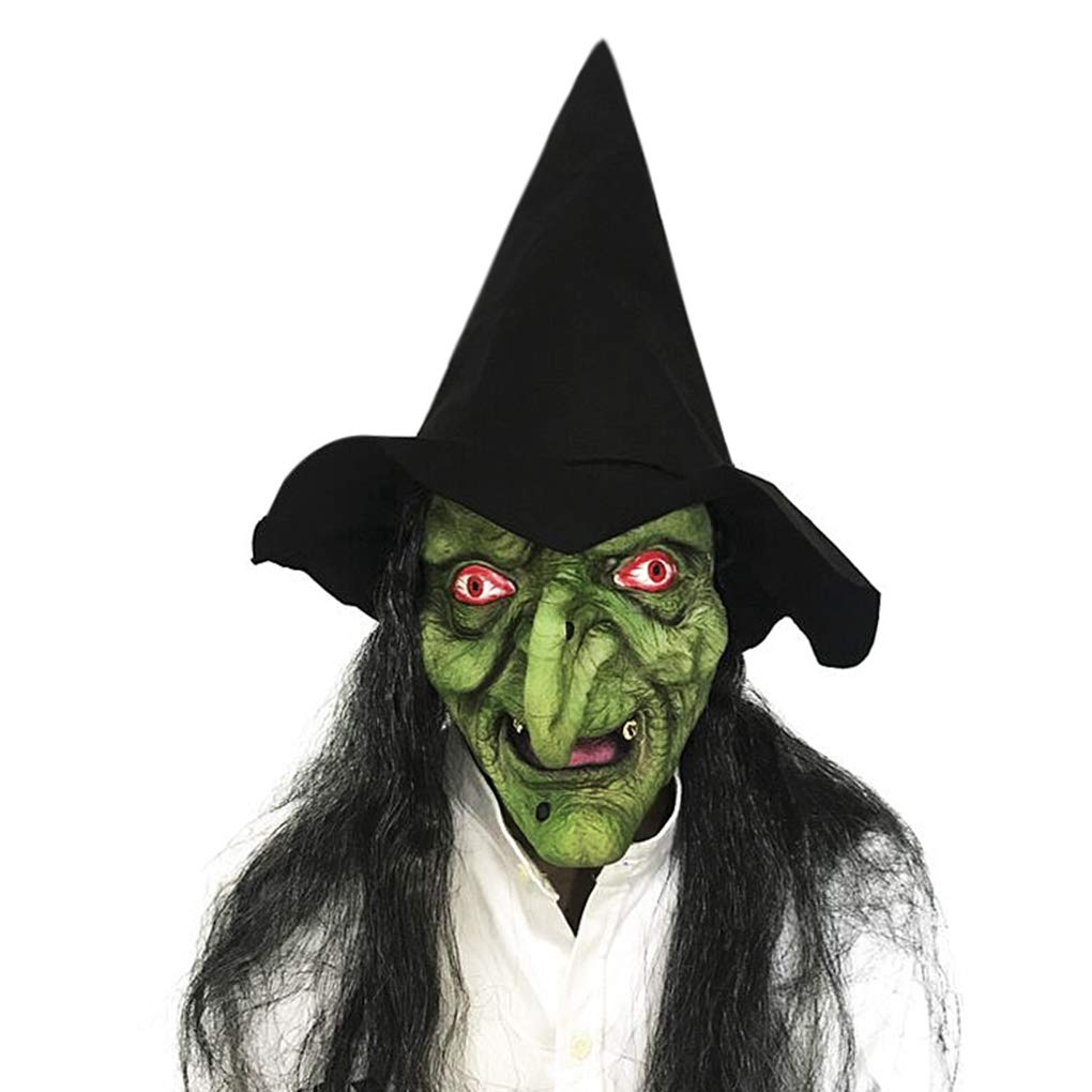 GREUS Old Woman Witch Mask with Hair & Hat Set for Halloween Scary Party Cosplay Costume Decoration (Witch Mask with Hair & Hat