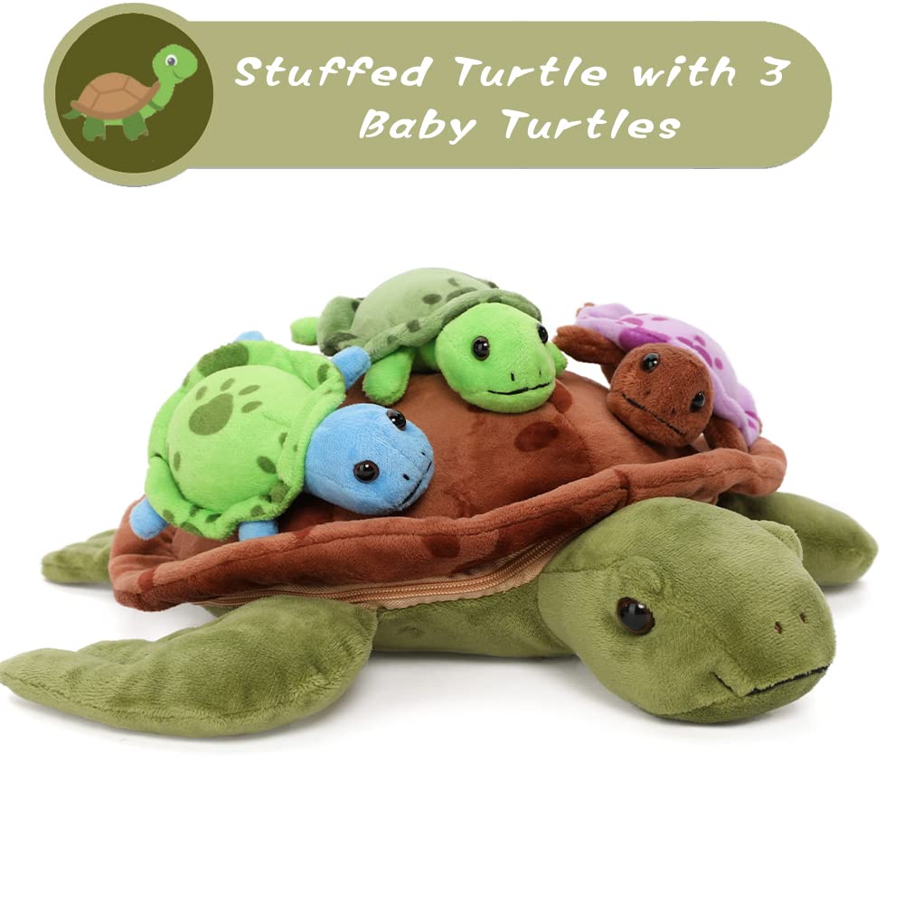 Muiteiur Sea Turtle Stuffed Animal Soft Mommy Turtle Plush Toy With 3 Babies Turtle Plushies Multicolored Stuffed Sea Turtle For Kids Girl Boy