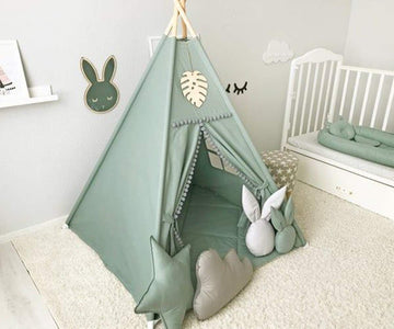 Rongfa Kids Teepee Tent With White Pom Pom - Indoor Play Teepee For Children Boys Portable Play House (Green)