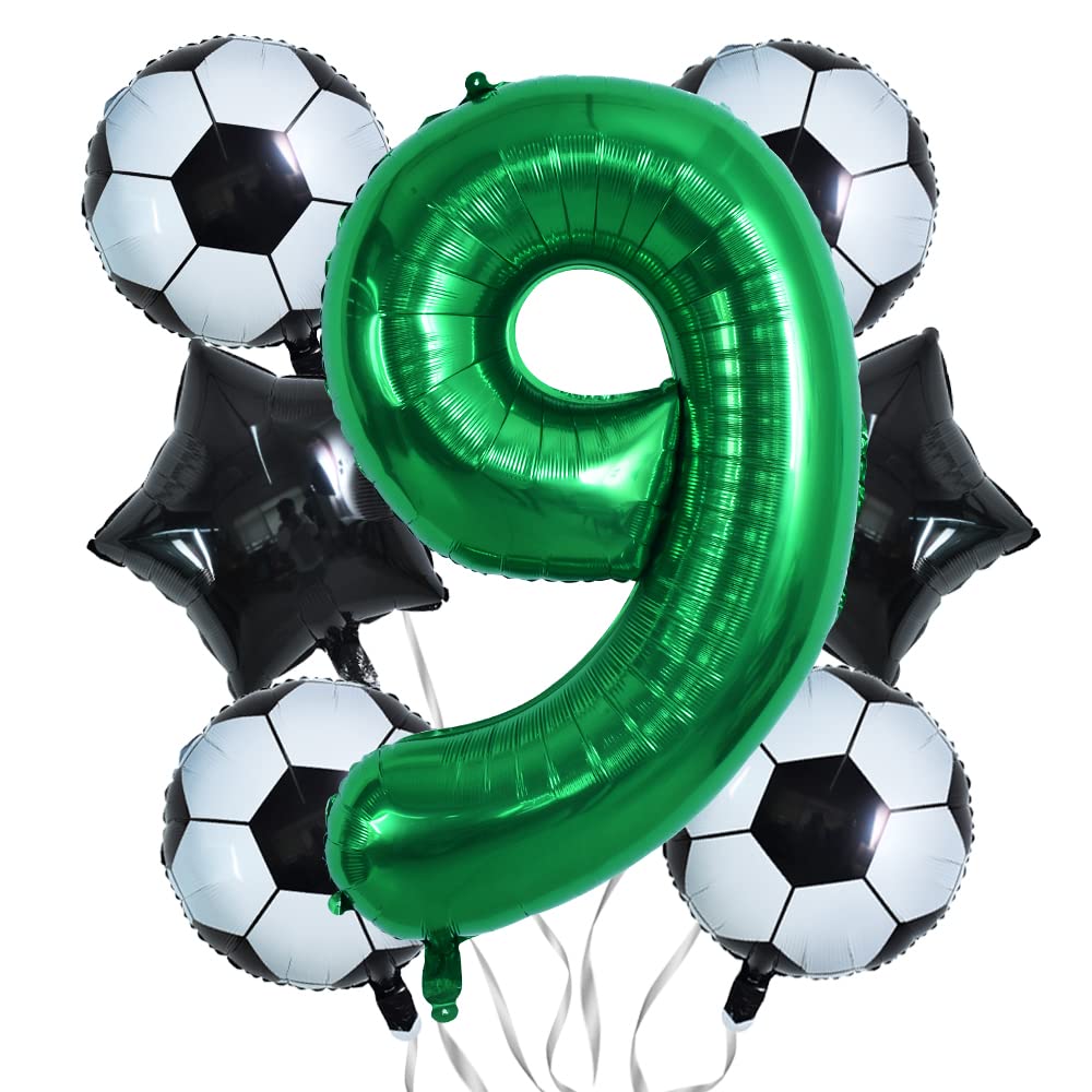 Toniful 32 Inch Soccer Balloons Set 9St Birthday Decoration Green Number 9 Foil Soccer Balloon Black Star Balloons For Children'