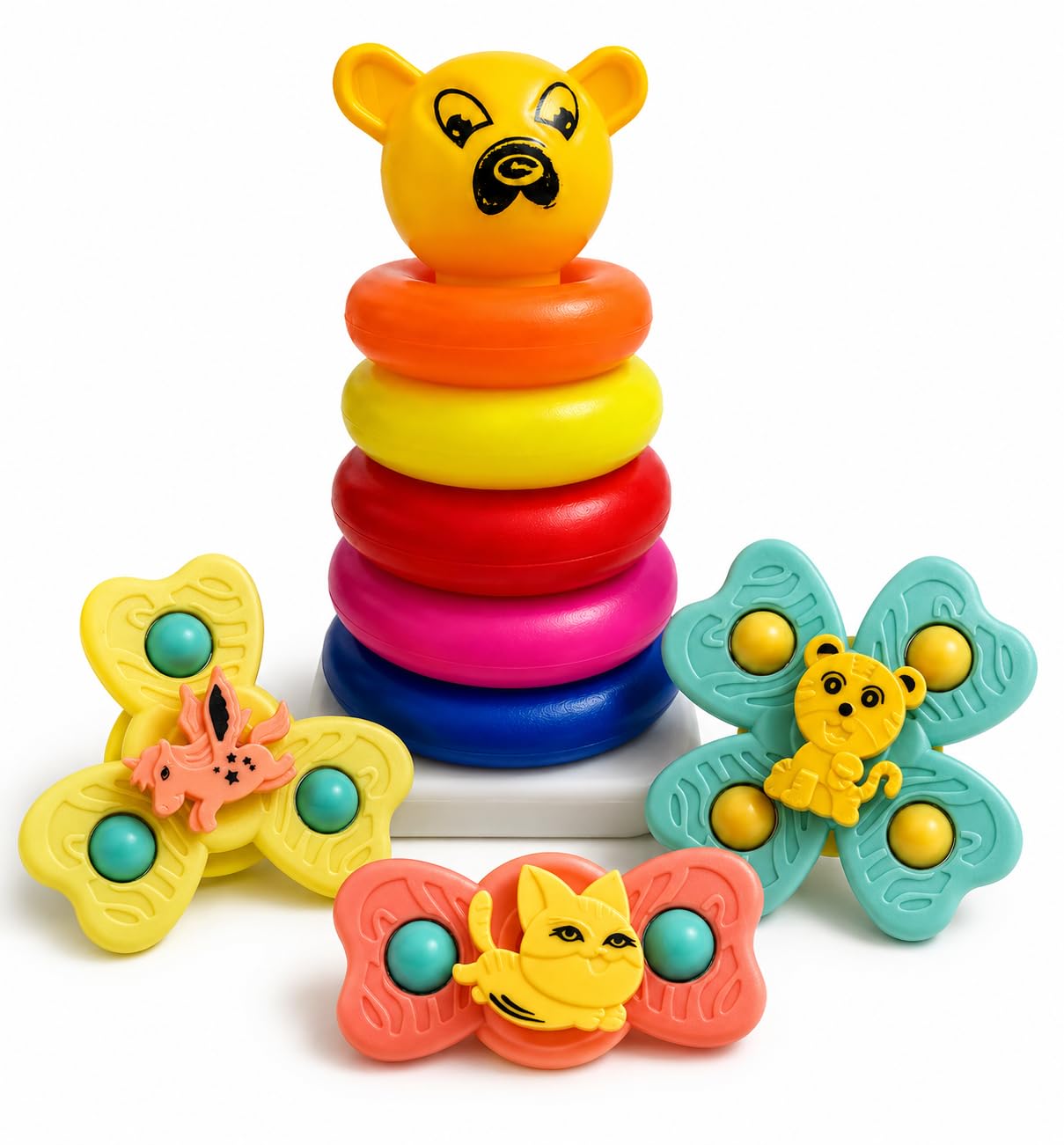 Hamz Pyramid Ring Stacking Toy With Bear Topper& Multicolour 5 Ring & Baby Suction Spinner With Strong Suction Cup, Smooth Rotat