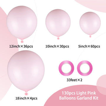 130Pcs Light Pink Balloons Garlands Kit, 18'' 12'' 10'' 5'' Different Sizes Pack Pink Latex Balloon Arch For Birthday Baby Showe