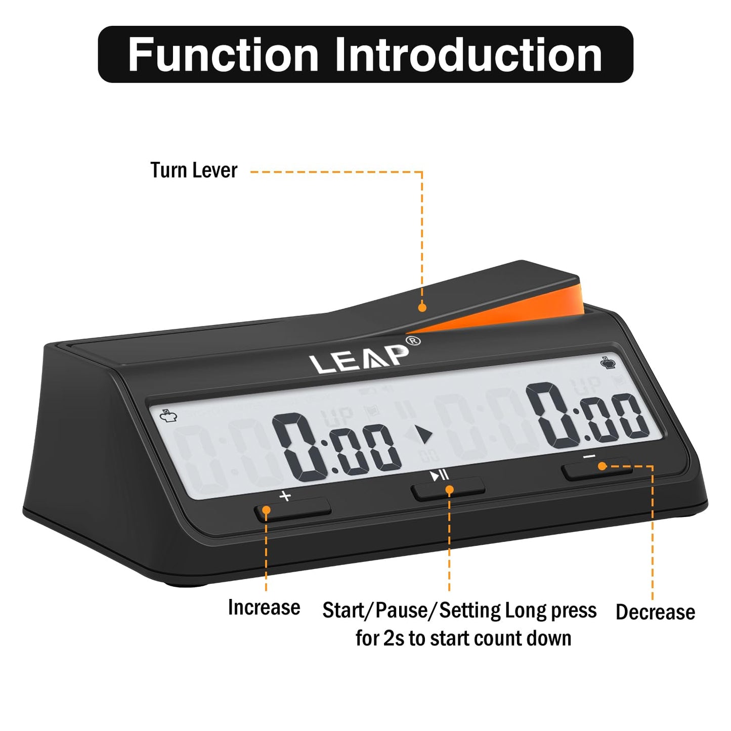 LEAP Digital Chess Clock Timer - Advanced Board Game Timer with Bonus & Delay Countdown Alarm, Black/Orange
