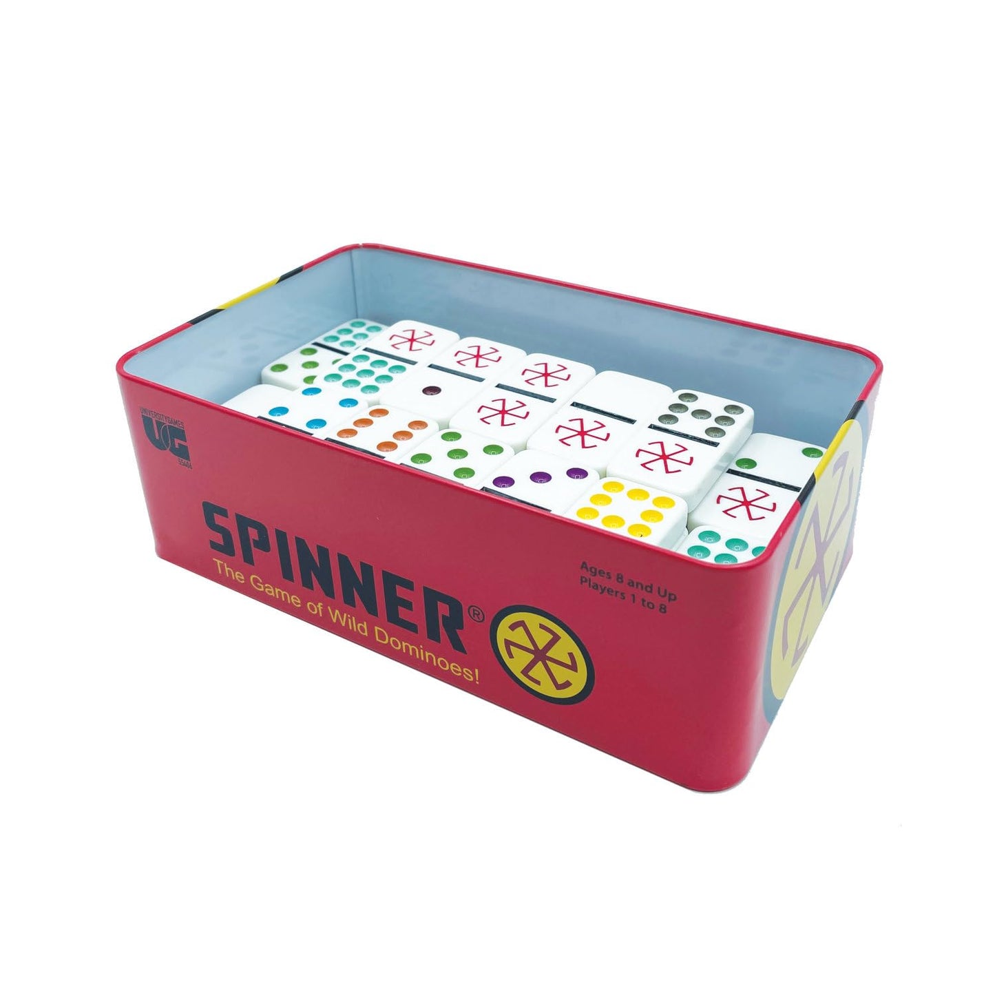 Front Porch Classics, Spinner Colored Dot Dominoes Set, On-The-Go Travel Storage Tin 2 To 8 Players Ages 8 To 99