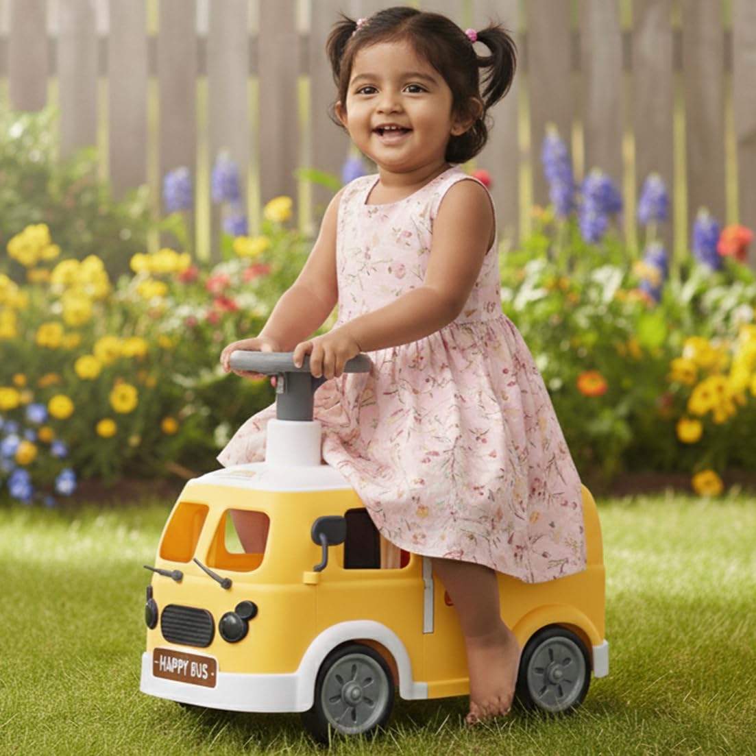 Toyzone Happy Bus - Yellow | Toddler Ride-On | Lights & Music | Ride-On With Easy Storage | Grip Wheels | Make In India | Indoor