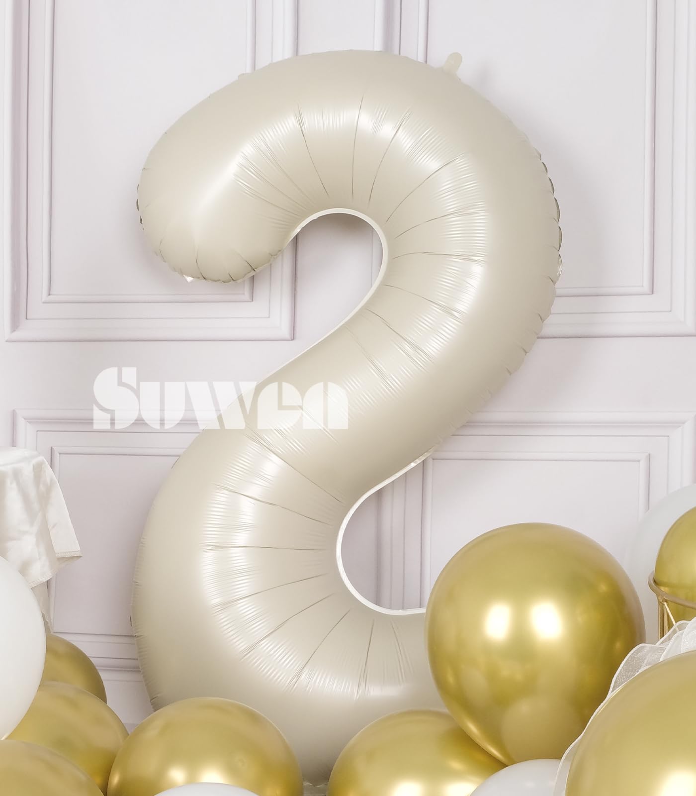 Suwen 40 Inch Cream White Large 2 Number Balloons Big Foil Helium Number Balloons 0-9 Jumbo Happy 2Nd Mylar Birthday Party Decor