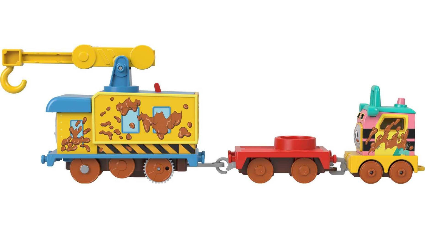 Thomas & Friends Toy Vehicle Set Muddy Fix 'Em Up Friends Battery-Powered Carly The Crane & Sandy The Rail Speeder For Ages 3+ Years