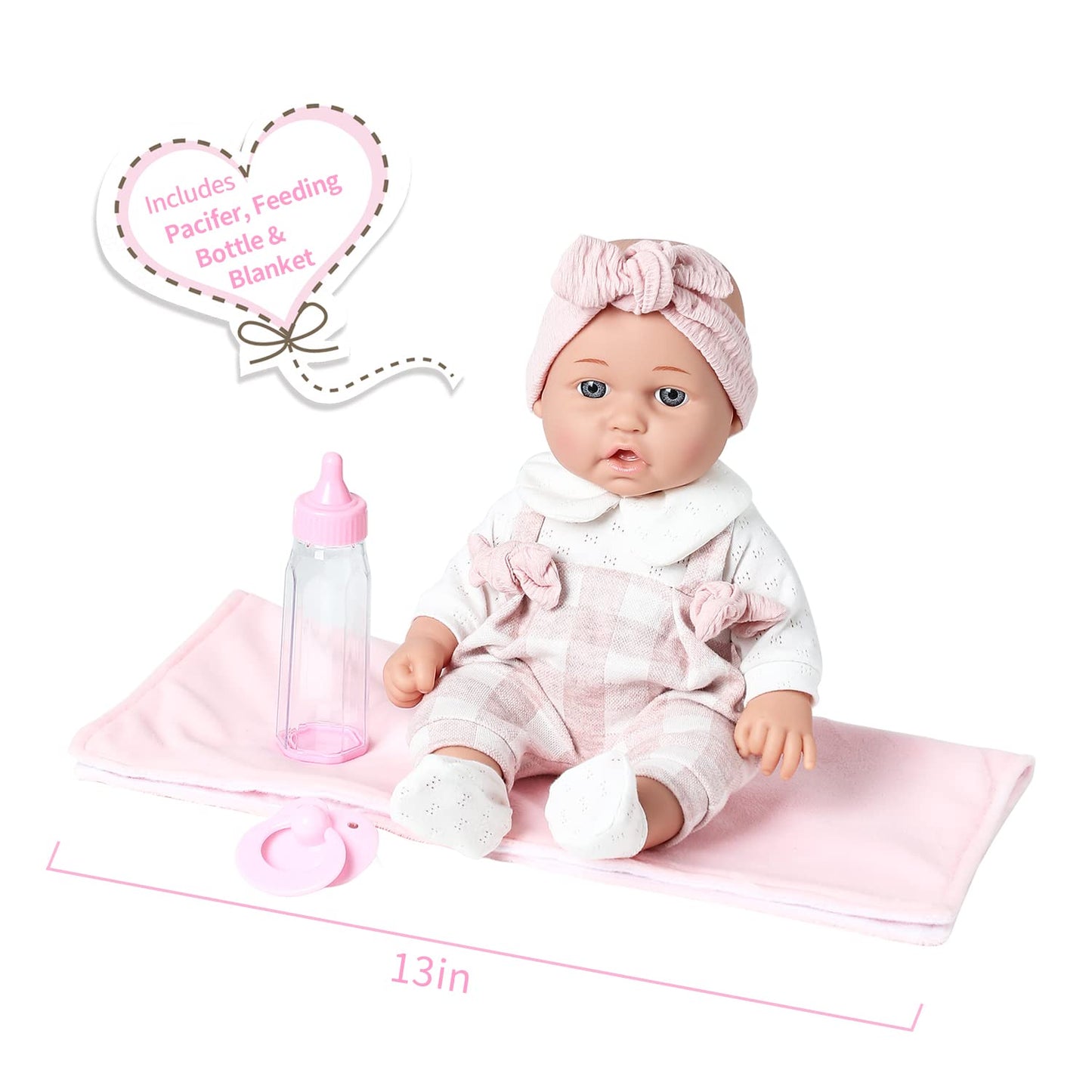 Enjoyin 12'' Baby Doll In Gift Box With Pink Cloths, Pacifier, 13''X13'' Microfabric Blanket, And Feeding Bottle. Gift Idea For Ages 3+