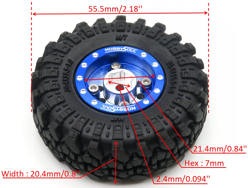 HOBBYSOUL Adjustable Offset RC 1.0 Wheels and Tires, 1/24 Tires & Heavy 1.0 Beadlock Wheels Blue Silver for 1:24 RC Crawler Axia