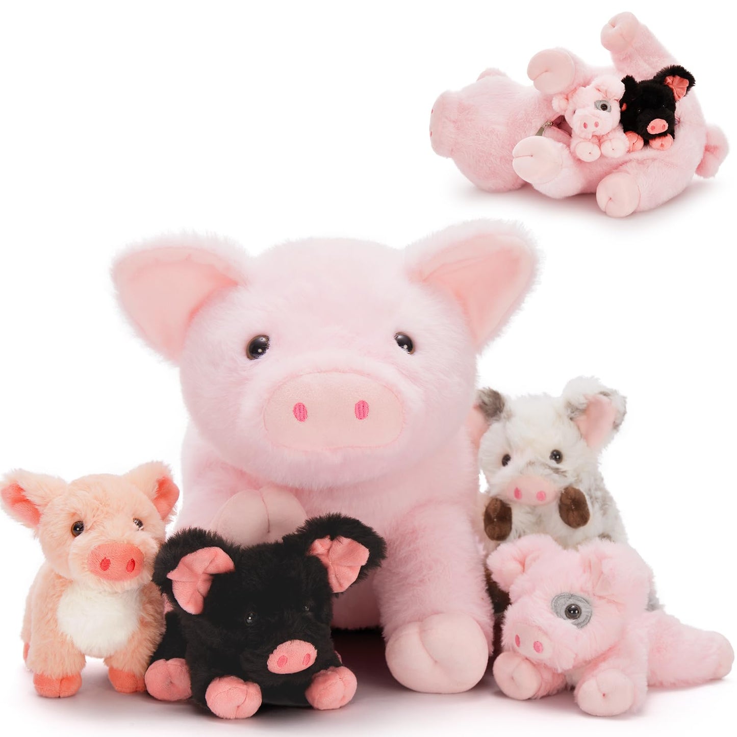 Beniny 5Pcs Pig Stuffed Animals Set, Large Mommy Pink Stuffed Pig Plush 15.7'' With 3 Baby Piggy In Her Zippered Tummy, Cute Pig