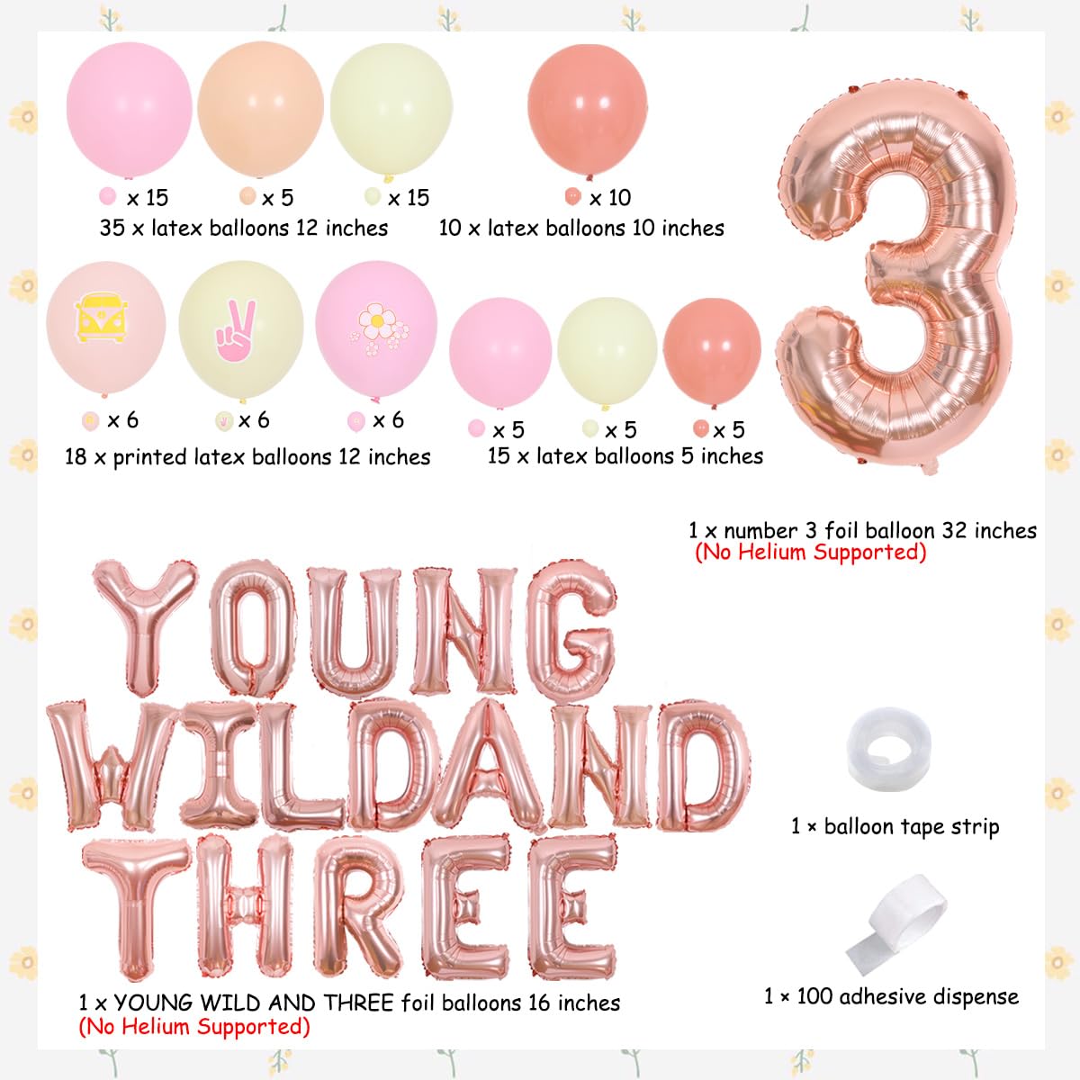 Joymemo Groovy 3Rd Birthday Party Decorations, Young Wild And Three Daisy Flower Balloons Garland Kit, Groovy Retro Boho Girls Third Birthday Party Supplies