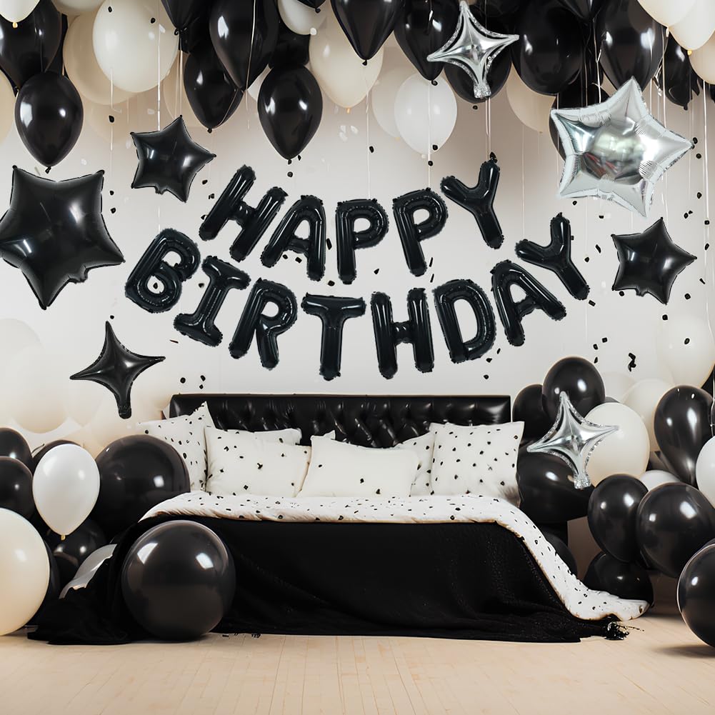 Toniful 35Pcs Black Happy Birthday Decorations Kit 16 Inch Happy Birthday Balloon Banner With Star Balloons Mylar Foil Birthday