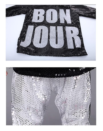 LOLANTA Kids Dance Costume Boys Girls Sequins Hip Hop Clothes 80s 90s Outfits Shiny Dress Up Dancewear(Silver,6-7)