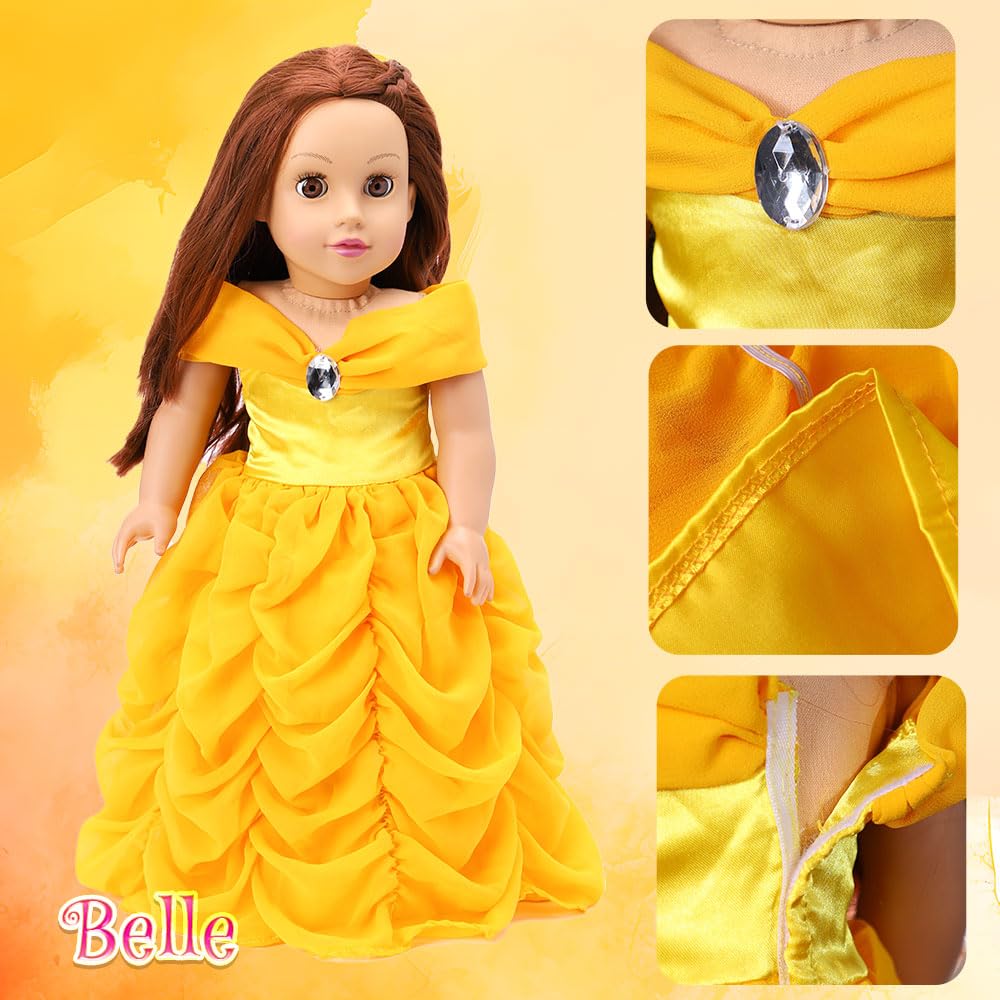 18-Inch Girl Doll Clothes Princess Dress - 5 Pc Different Princess Dress Set Includes Jasmine, Snow White, Belle, Rapunzel And Aurora Fits 18” Dolls (Set5-01)