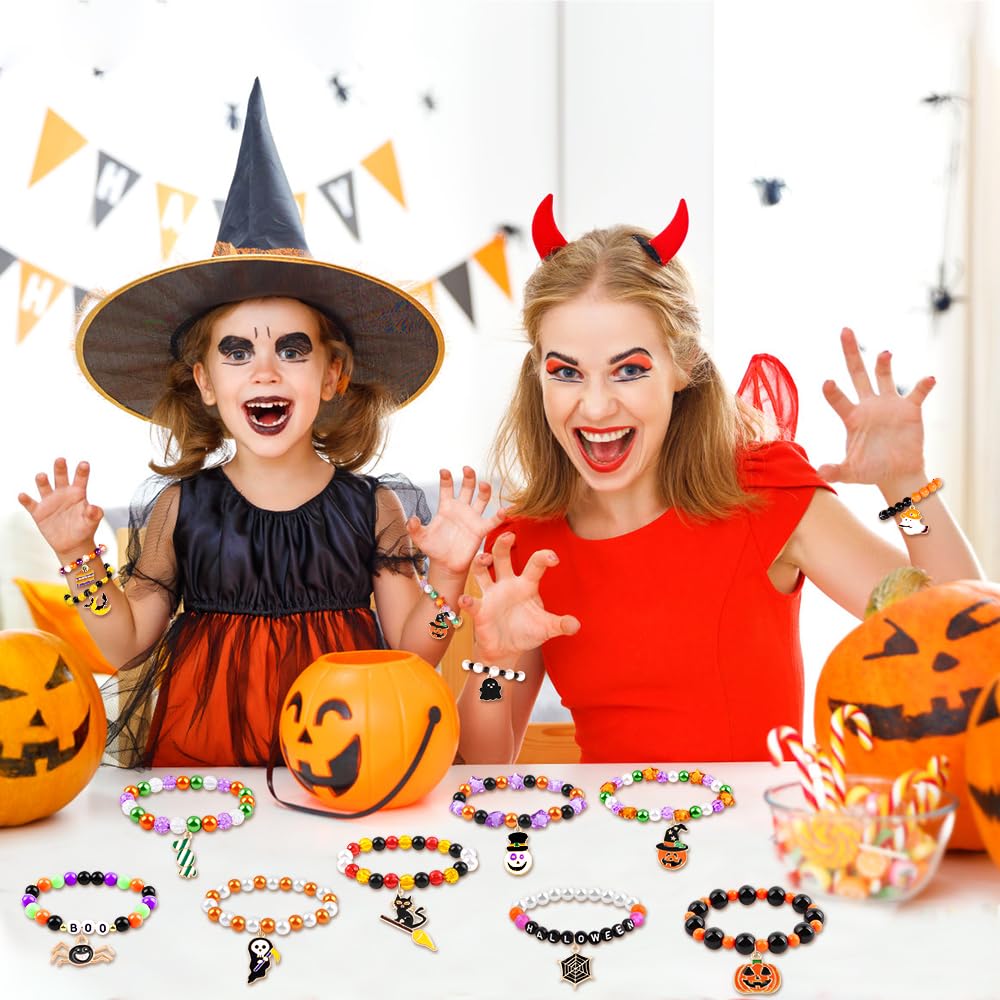 DULEFUN 12pcs Halloween Bracelets for Kids, Halloween Party Favors Bead Bracelets and Charms Set Trick or Treat for Boys Girls H