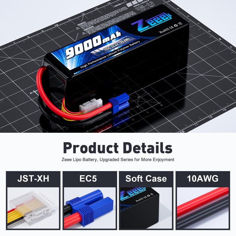 Zeee 6S Lipo Battery 9000mAh 22.2V 100C Soft Case RC Battery EC5 Connector with Metal Plates for RC Car Truck Desert Racer RC Ta