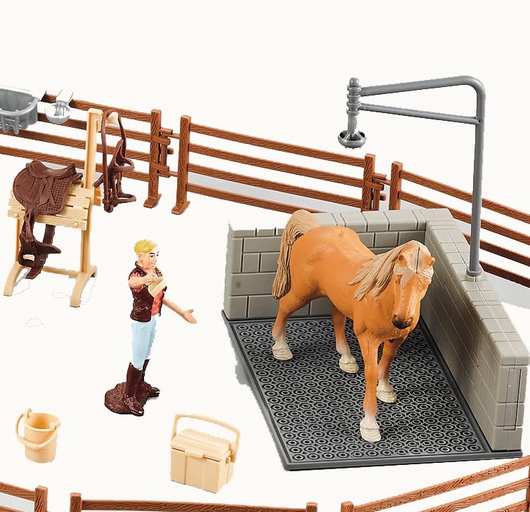 Peagprav Horse Stable Figurine Playset Horse Club With Rider Horse Wash Area Fence Figures Animal Toys Set Gifts For Girls And B