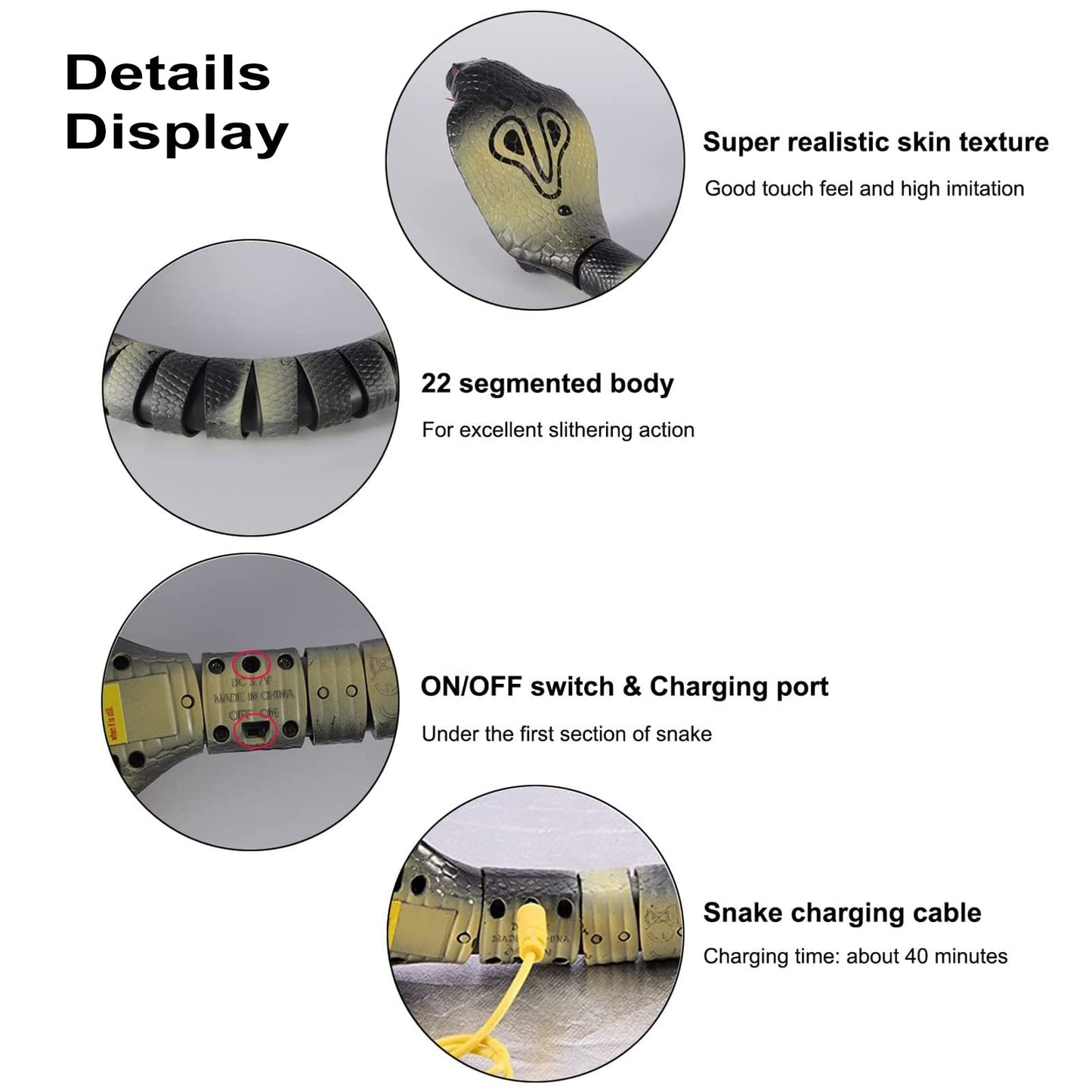 Ufurty Detachable Remote Control Cobra Snake 17' Long Rechargeable Simulation Rc Snake Toy For Kids Children