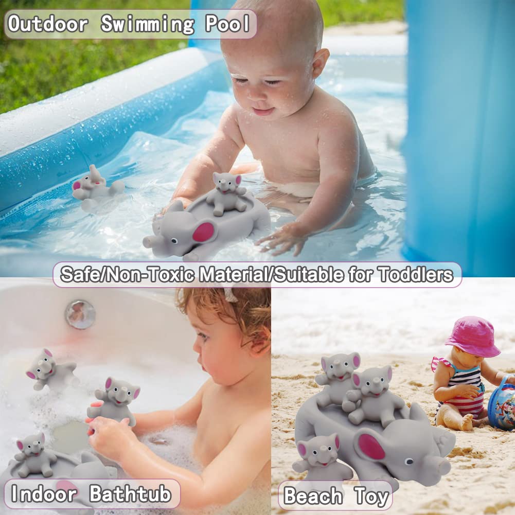 Bath Toys For Toddlers Infants 6 12 18 Months, Floating Bathtub Elephant Toys Squeak Rubber Animal 4 Piece Set, Pool Beach Party