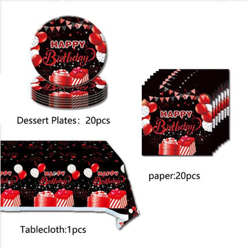 41Pcs Black And Red Party Supplies,Include 20 Plates, 20 Napkin And 1Pcs Tablecloth,Used For Black And Red Birthday Party Decora