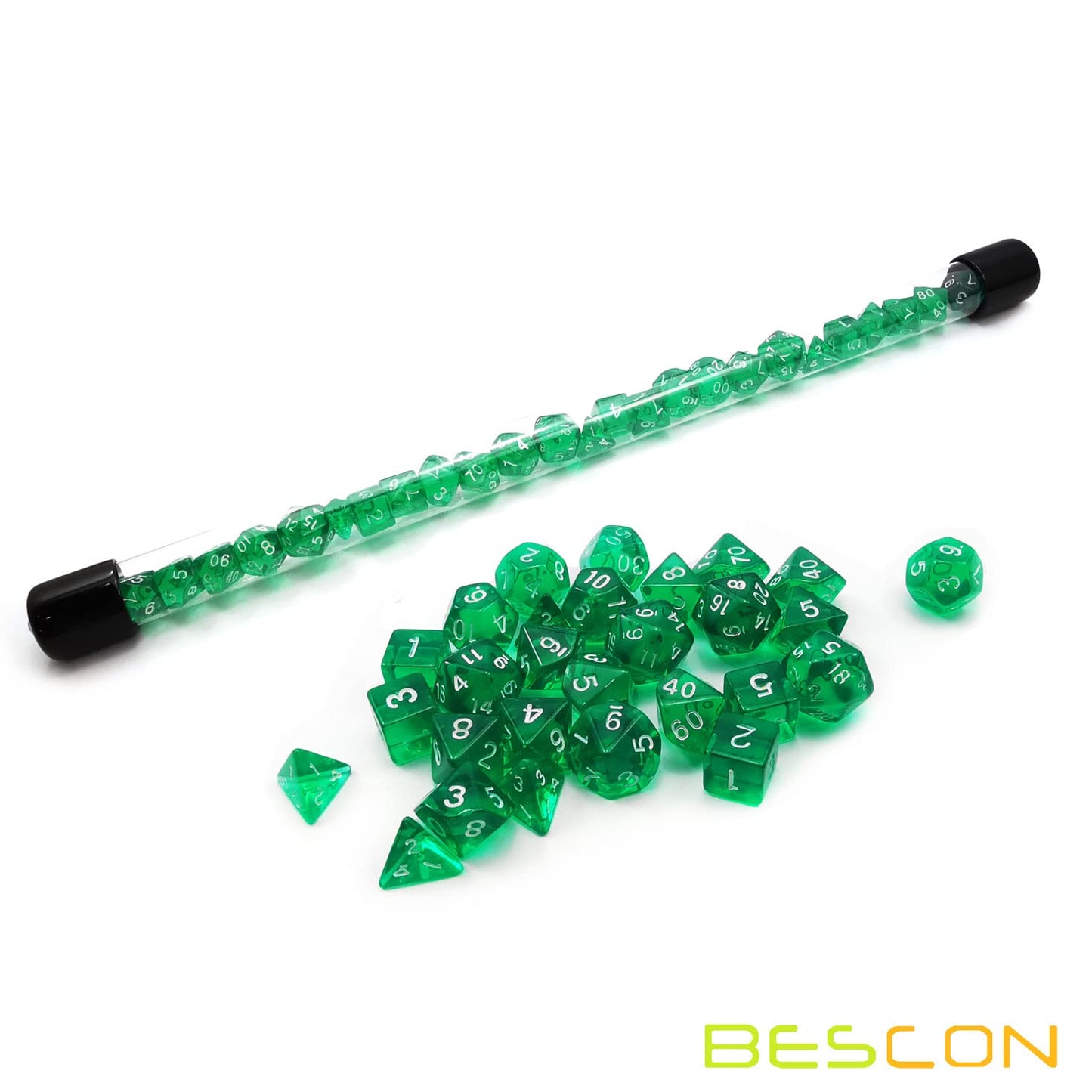 Bescon 28pcs Translucent Green Mini Polyhedral Dice Set in Tube, Dungeons and Dragons RPG Dice 4X7pcs,Mini Gem Green Dice Set