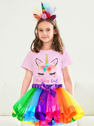 Doctor Unicorn Birthday Girls Unicorn Costume Outfit Rainbow Tutu, Unicorn T-shirt, Satin Sash, Hair Bow & Headband Rainbow/Pink