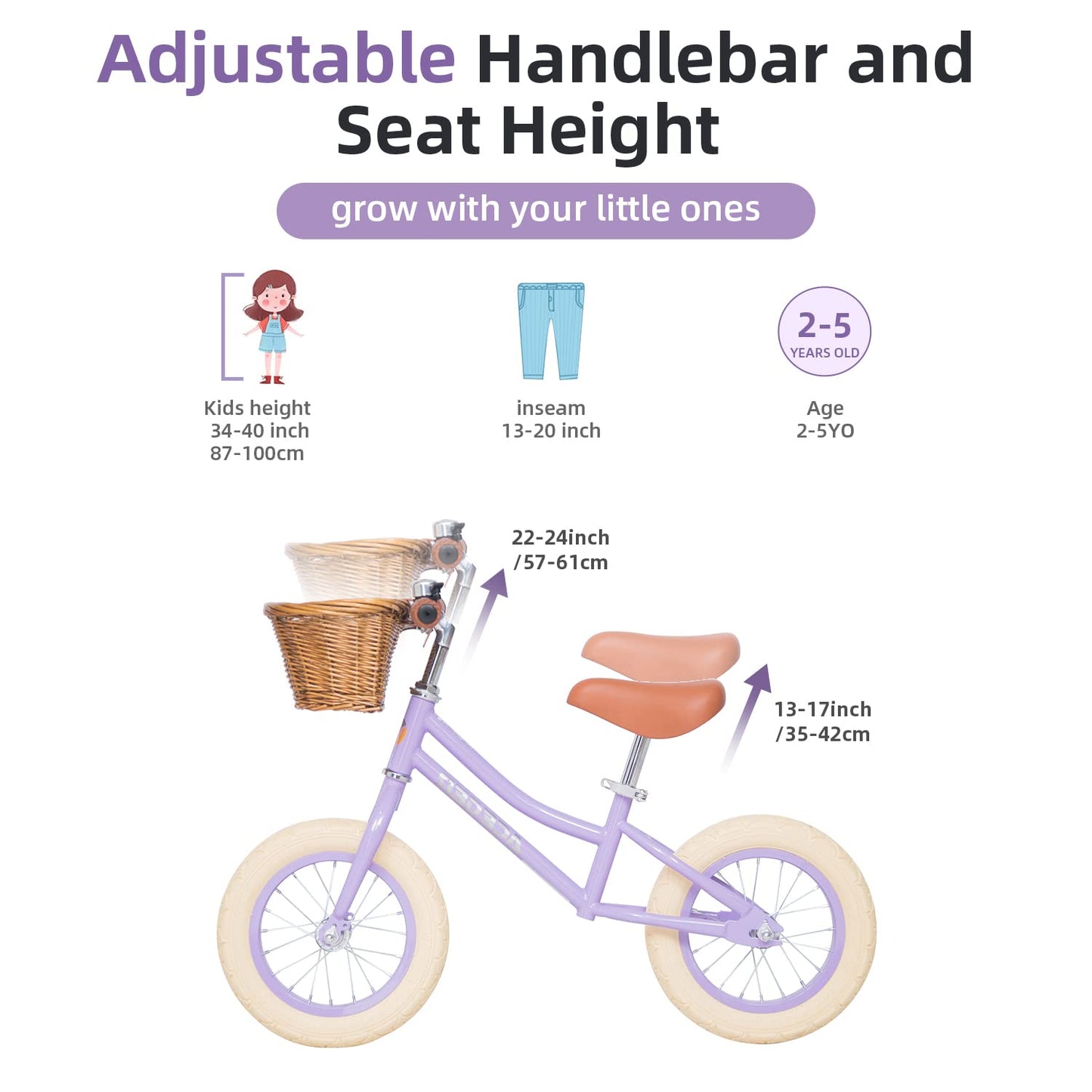 Aceger 12' Kids Balance Bike With Basket, No Pedal Toddler Bicycle For Early Learning Leg Strength And Steady Balancing, Durable Frame&Tool-Free Adjustable Seat, Gift Bike For 2-5 Kids