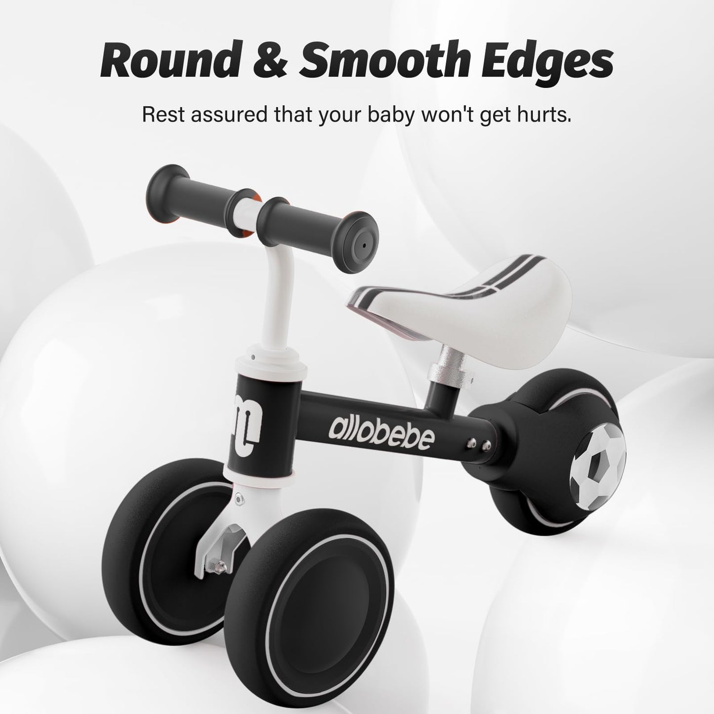 Allobebe Baby Balance Bike, Cute Toddler Bikes 12-36 Months Gifts For 1 Year Old Girl Bike To Train Baby From Standing To Running With Adjustable Seat Silent & Soft 3 Wheels (Black)
