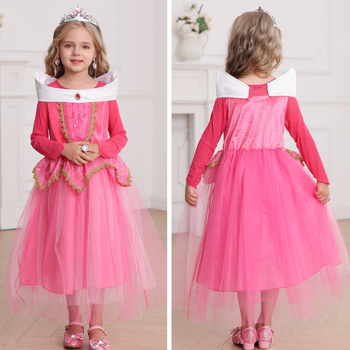 Itvti Girls Princess Dress Up Halloween Party Costume With Crown Wand Earrings Ring, Pink, 6-7 Years (Label 140)