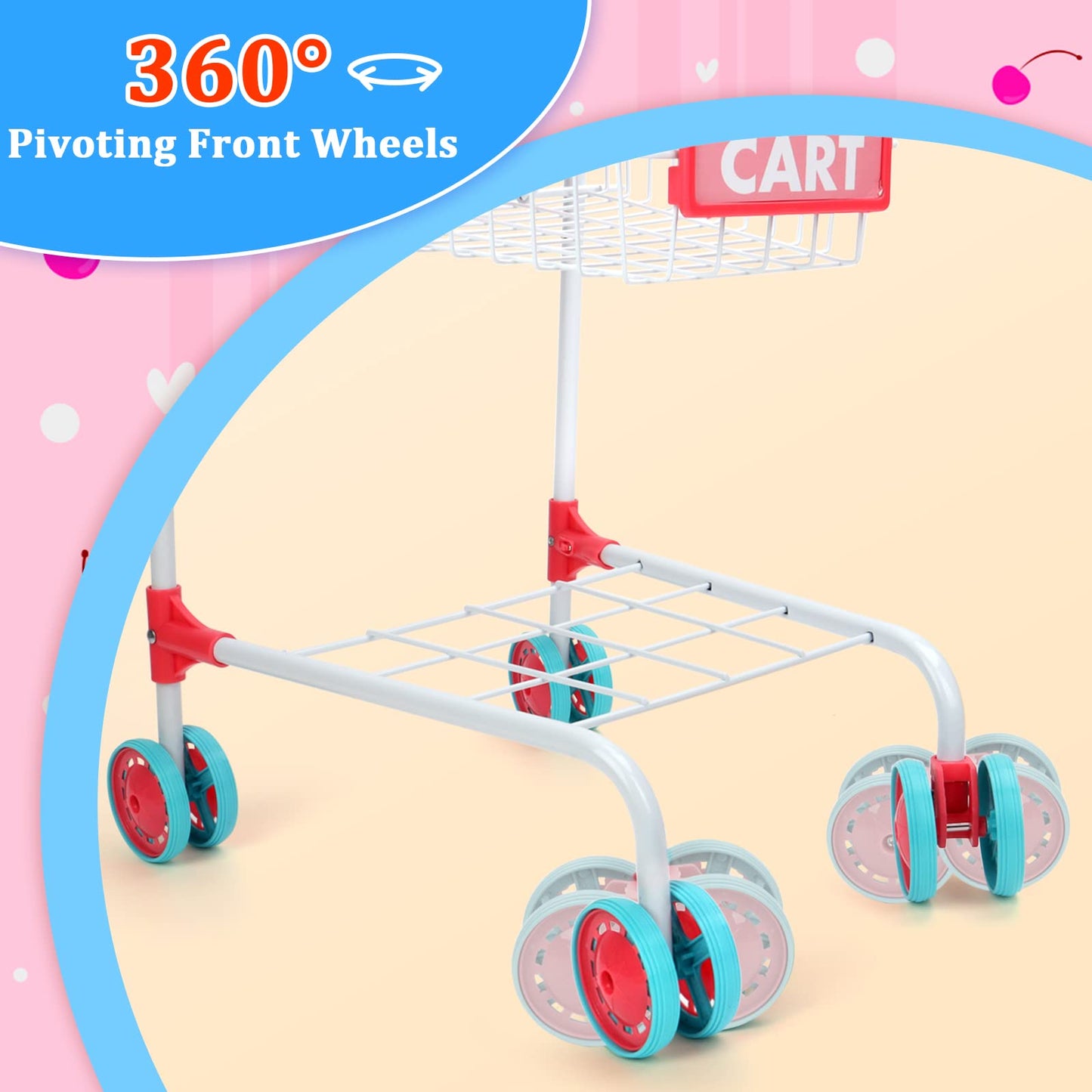Deao Kids Shopping Cart Trolley With Sturdy Metal Frame For Toddlers 46 Pcs Food Fruit Vegetables Pretend Play Food Role Play,Ed