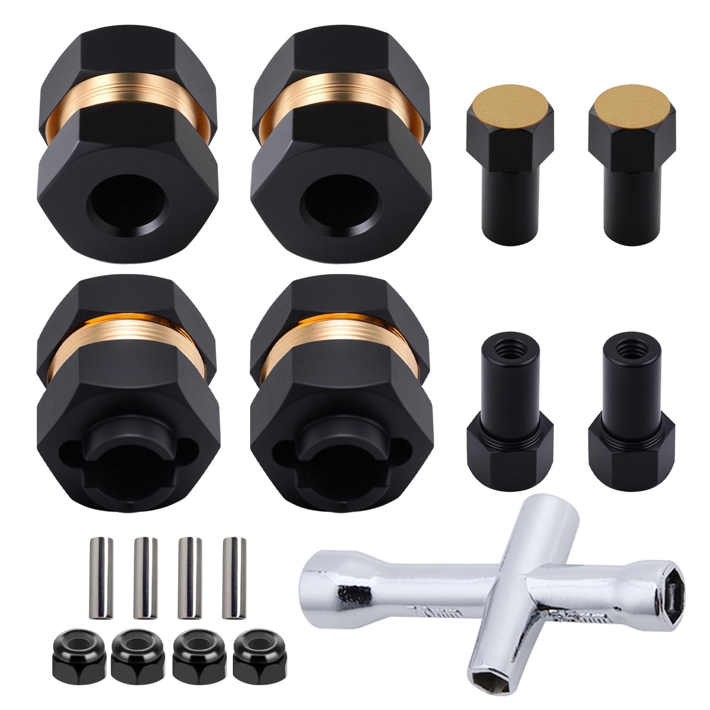 4 Pieces Brass Extended Wheel Hubs 7 mm Hex Spacers for Axial SCX24 1/24 RC Crawler Upgrades Parts & Locknuts Wrench Tool SCX24