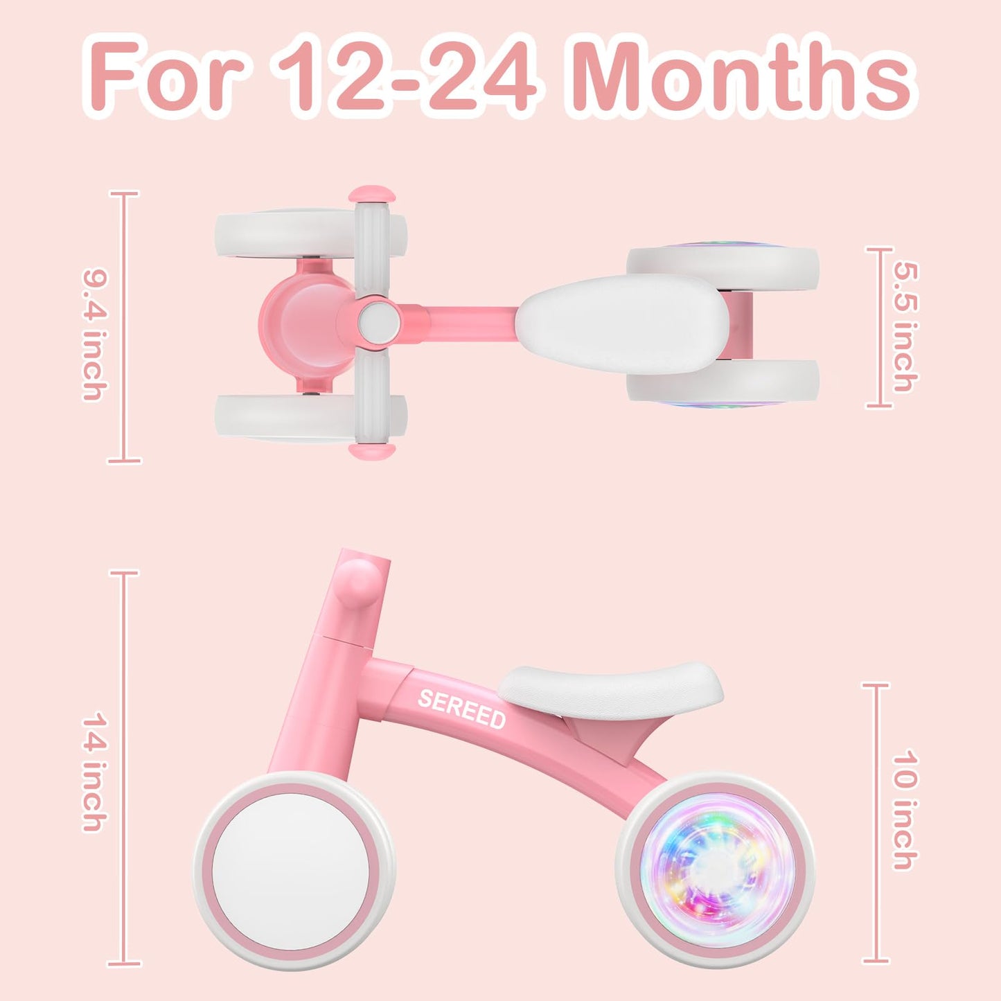 Sereed Colorful Lighting Baby Balance Bike, Toys For 1 Year Old Boys Girls, 12-24 Month Toddler Balance Bike With 4 Silence Wheels, First Birthday Gift (Pink)