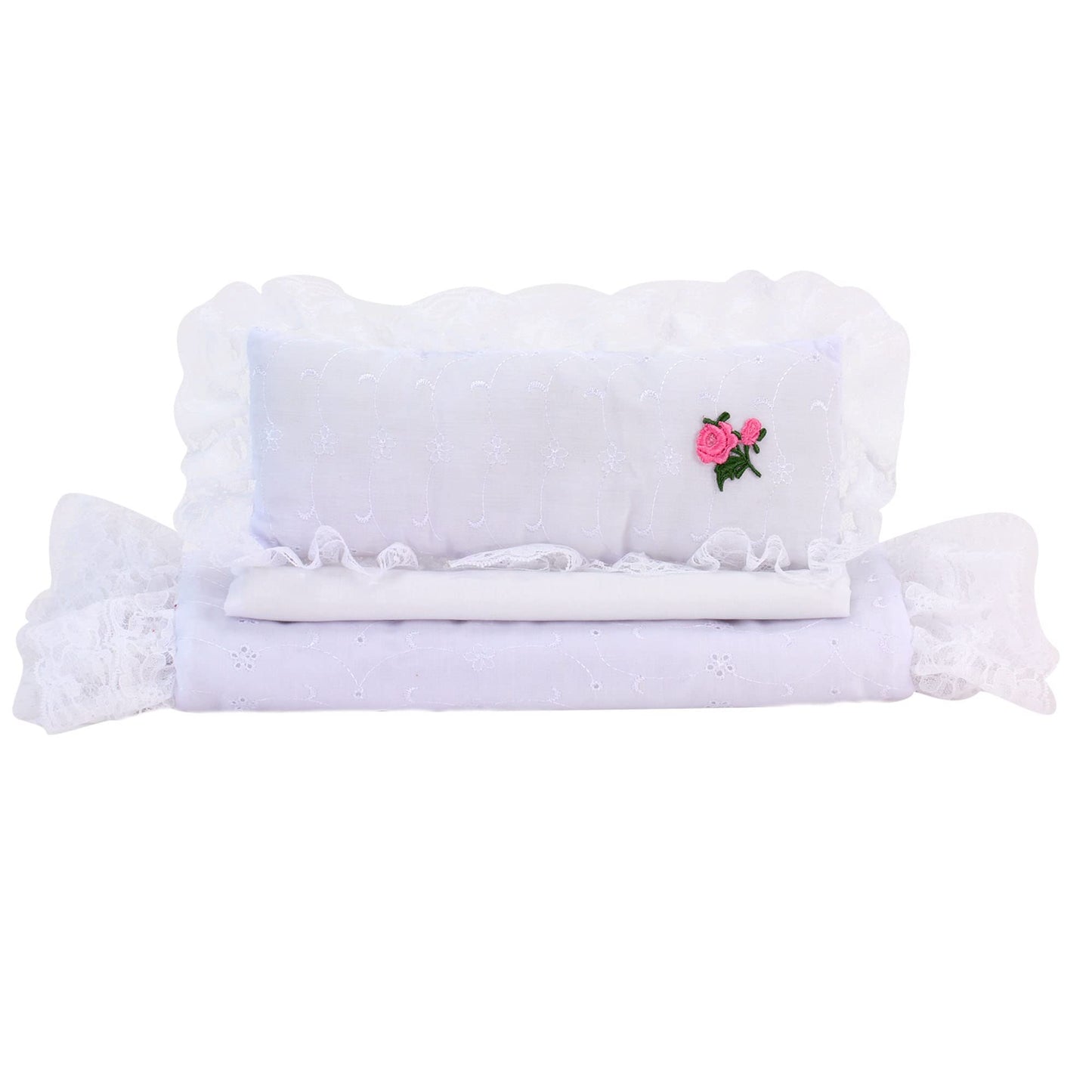 Sophia'S 18' Doll 3 Pc. White Eyelet Bedding With Lace Trim Set With Pillow, Comforter And Mattress Pad