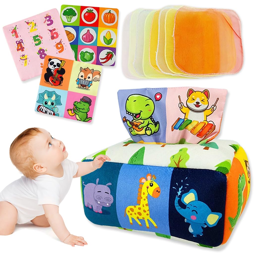 Patpat Soft Tissue Box Toy For Baby 6 To 18 Months Cartoon Cloth Tissue Box Montessori Toy Crinkle Sensory Toy Activity Toy With