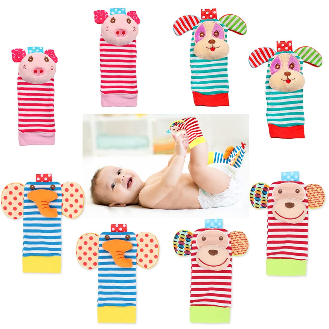 Bloobloomax Baby Infant Rattle Socks Toys, Sock Rattles For Babies 0-24 Months Baby Animal Foot Finder Learning Toy (Cotton B)