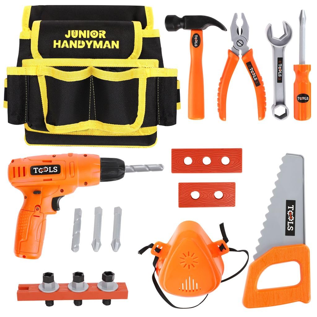 Playkidiz 20Pcs Kids Tool Set - Kids Tool Belt with Electronic Drill Toy, Pretend Construction Durable Toddler Tool Set for Boys
