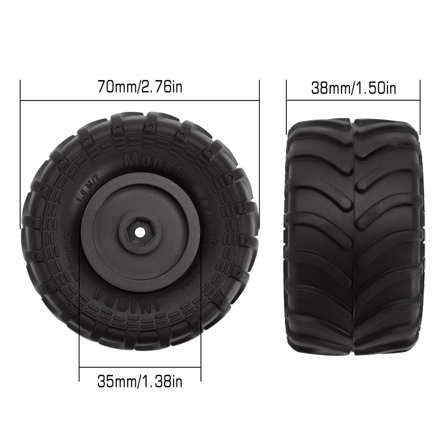 INJORA Monster Truck Wheel Rim Tires Set for Axial SCX24 FMS FCX24 and TRX4MT, 70 * 38mm, MT1012(Black)