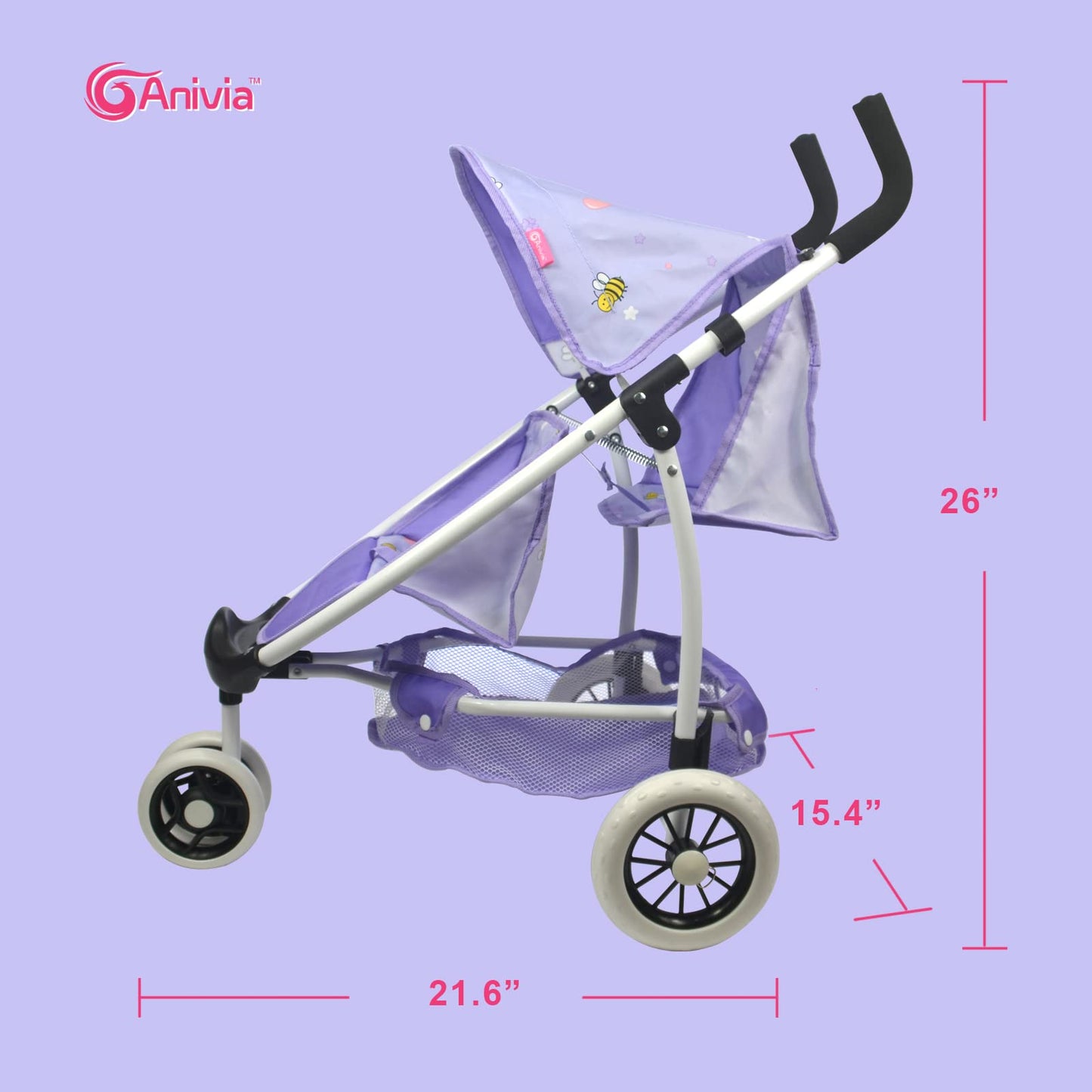 ANIVIA Doll Stroller Toy for Toddlers - Realistic Foldable Design, Heart Pattern, Model DA310pur, Polyvinyl Alcohol, Purple Color