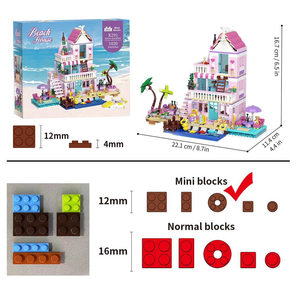 Mindbox Girls Seaside Villa Building Blocks,812Pcs Beach House Building Toys For Kids Age 8+,Mini Brick