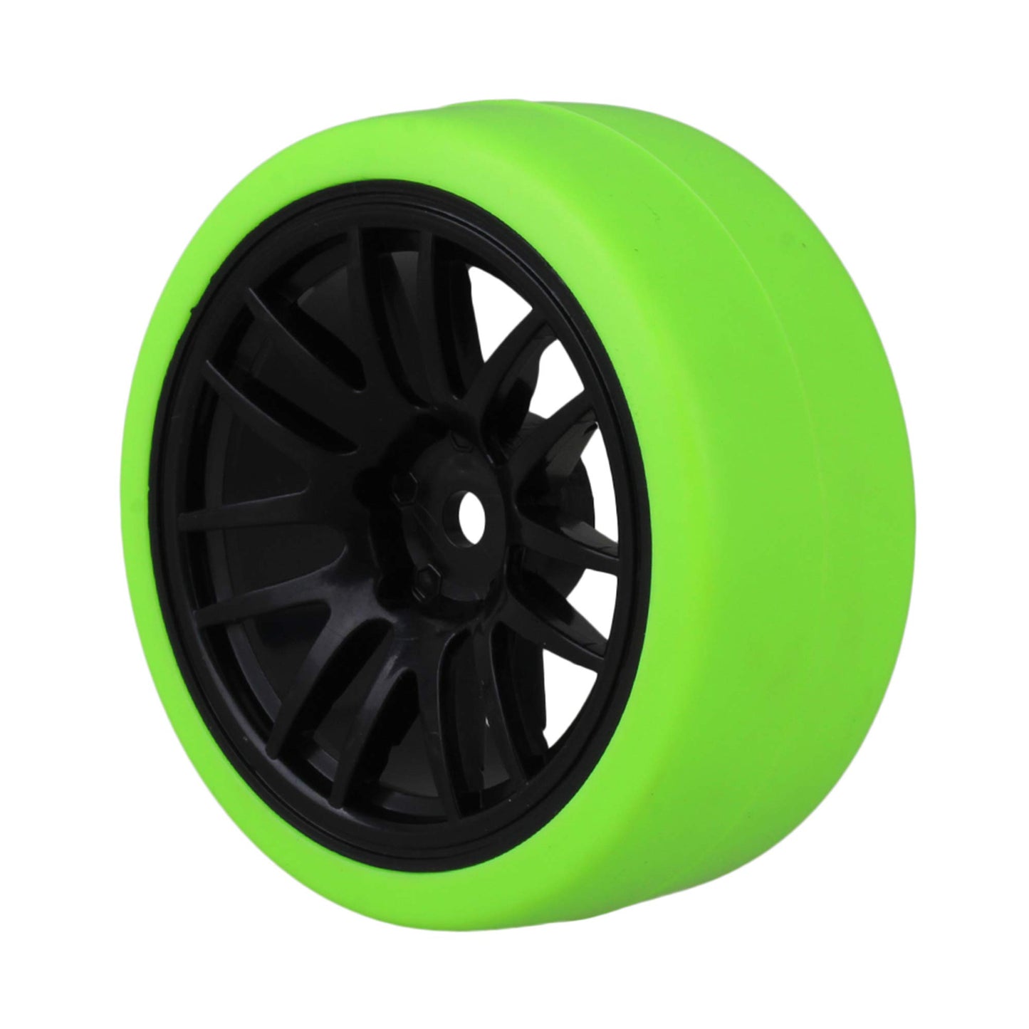 Mxfans Black Plastic 14 Spoke Wheel Rims and Green Drift Smooth Tyres for RC 1:10 On Road Racing Car Set of 4