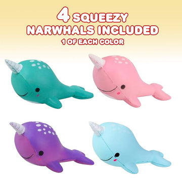 Artcreativity Squeezy Narwhals, Set Of 4, Scented Slow Rising Stress Relief Toys For Kids, Squeezable Narwhale Birthday Party Fa