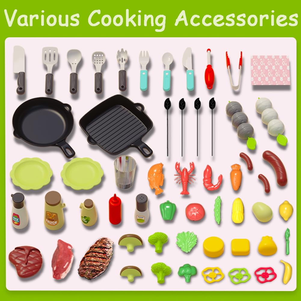 Barbecue Grill Toy Set, Kids BBQ Kitchen Playset with Smoke Sound Light Simulation Camping Cooking Interactive Pretend Play Food