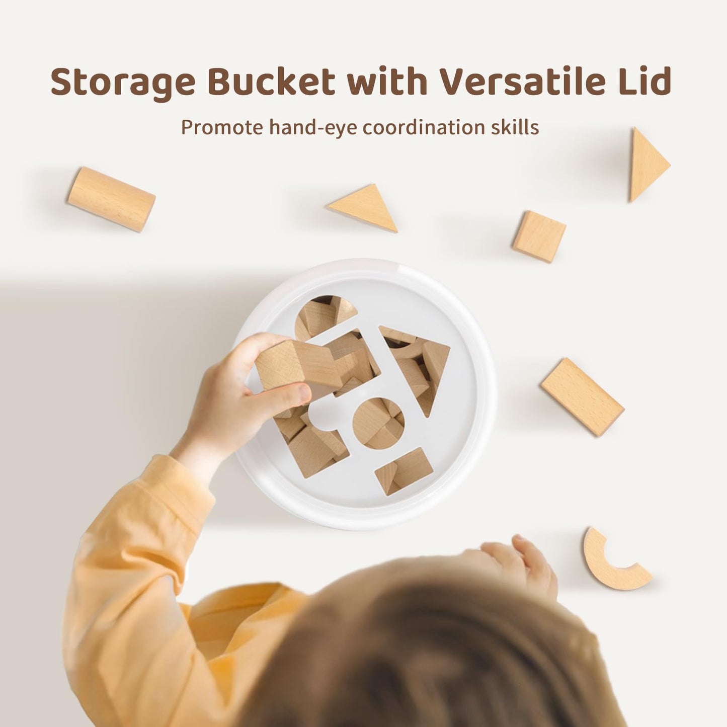OOOK Natural Beech Wood Building Blocks for Toddlers, 100pcs with Storage Bucket & Shape Sorter, Preschool Learning Toys for Kids