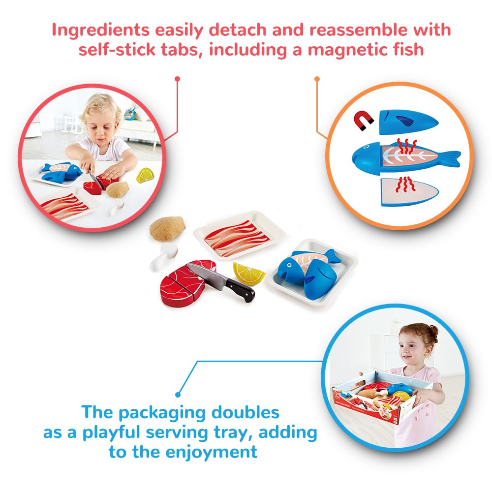 Hape Tasty Proteins Set | Wooden Pretend Play Food Set for Kids, Basic Play Cooking Ingredients and Accessories Set, Multicolor