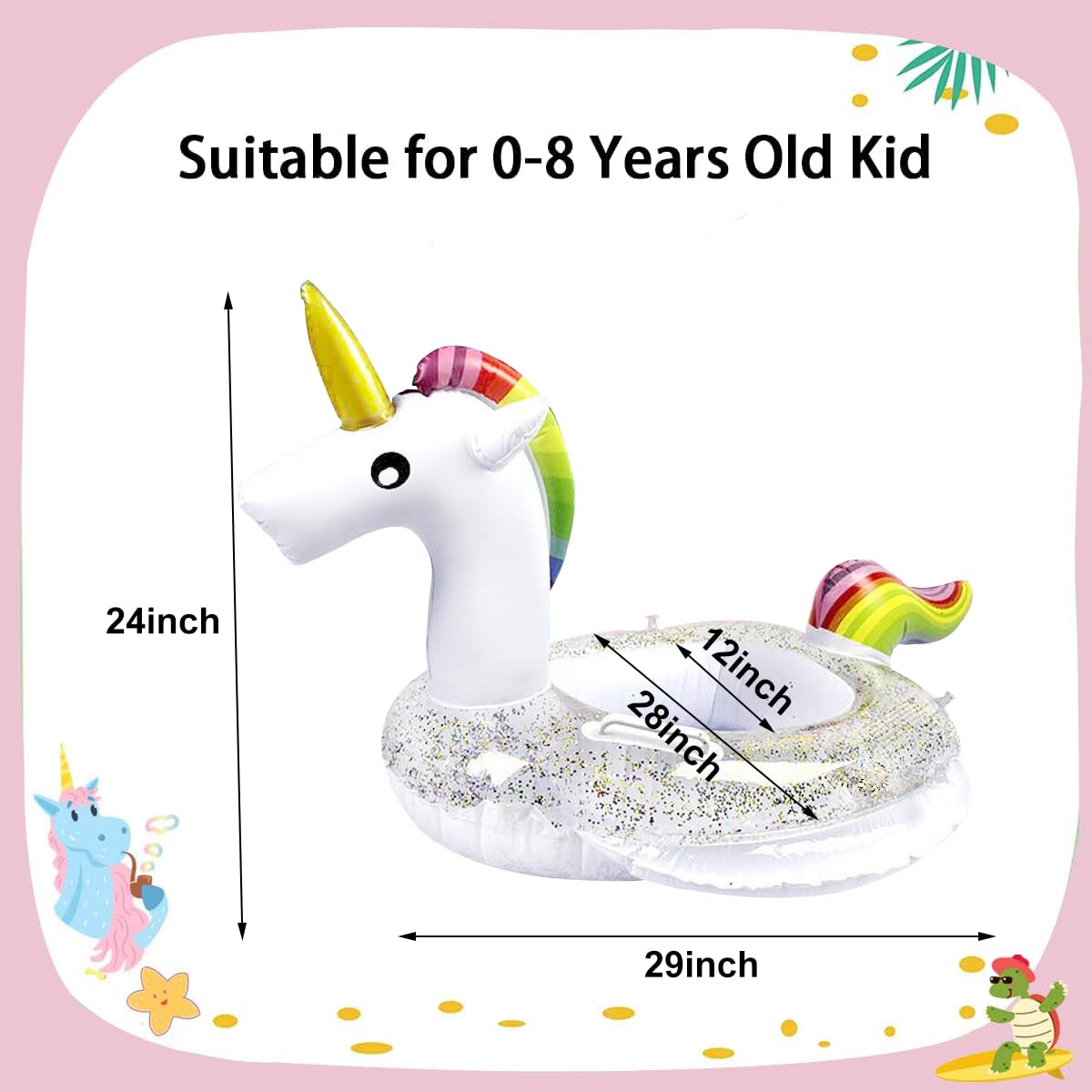 New Baby Swimming Pool Floats For Toddler Kids 0-8 Years Under 44Lb, Inflatable Swim Ring Water Raft With Seat And Handle For Summer Beach Outdoor Children Infant Bath Toys (White Unicorn)