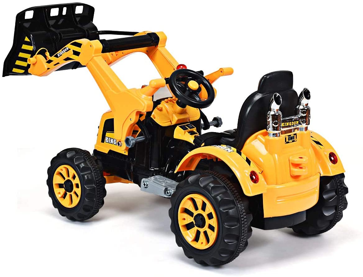GLACER Ride on Excavator 12V Battery Powered Digger w/ 2 Speeds Forward & Backward Front Loader Bucket Horn Safety Belt Electric Construction Vehicles for Kids 3-8 Years Old (Yellow)