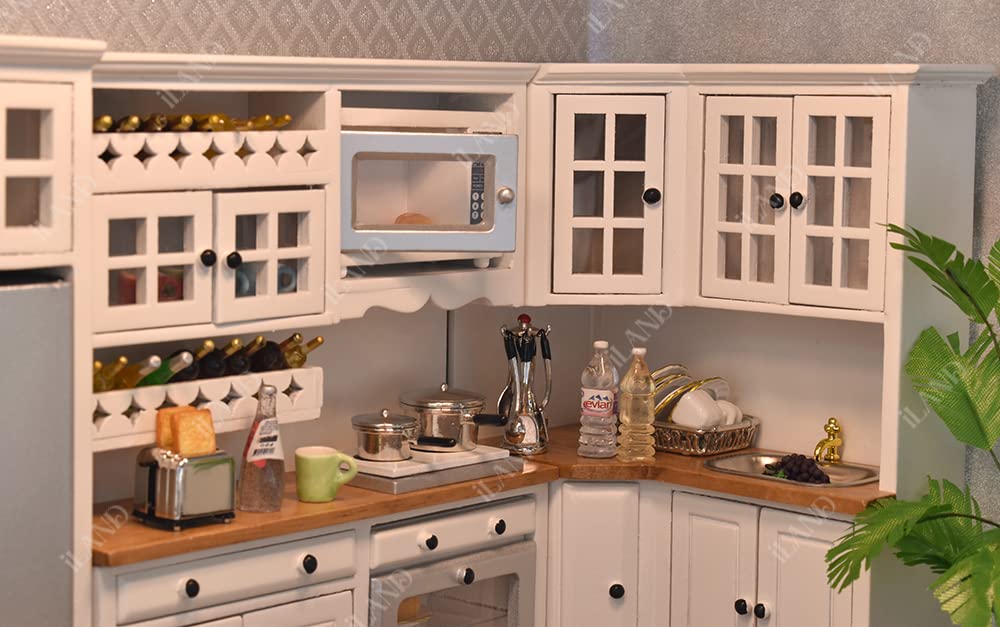 Iland Dollhouse Kitchen, Modern Dollhouse Furniture Set On 1/12 Scale Wooden White To Store Miniature Food